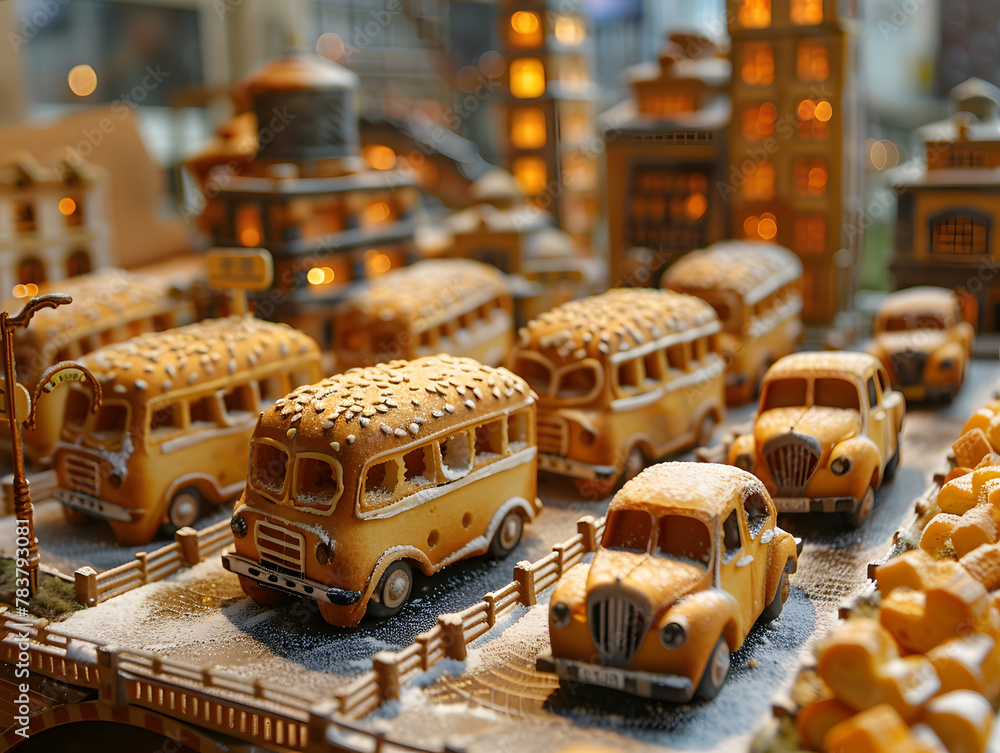 A display of various breads shaped like cars and a school bus, with some of them covered in seeds.