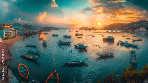 A panoramic vista of a bustling coastal town at sunset, with colorful boats in the harbor and historic buildings bathed in golden light photo