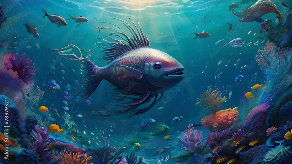 Fototapeta premium One fish in the equarium near the coral reefs 