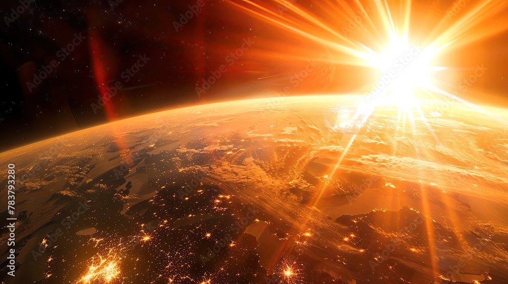 Fototapeta premium Solar flare observation from satellite, Earth in background, high detail, dawn light