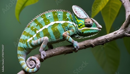 A-Chameleon-With-Its-Tail-Curled-Around-A-Branch-