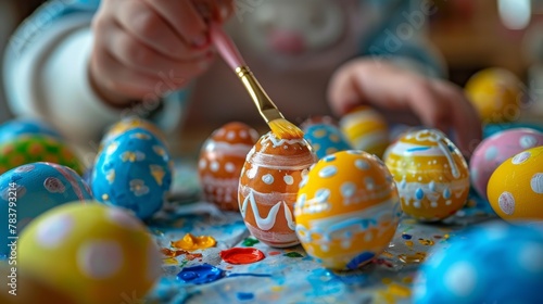 Close-up of Easter eggs being decorated by children, with colorful paints and brushes, on a clean background for text