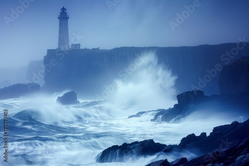 A storm-tossed coastline, crashing waves against jagged cliffs, a lone lighthouse piercing the mist