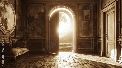 Time travel portal opening, vintage room, sepia tones, central composition photo