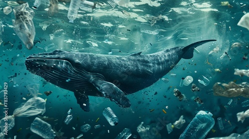 A whale swimming through plastic pollution  the impact of waste on marine life