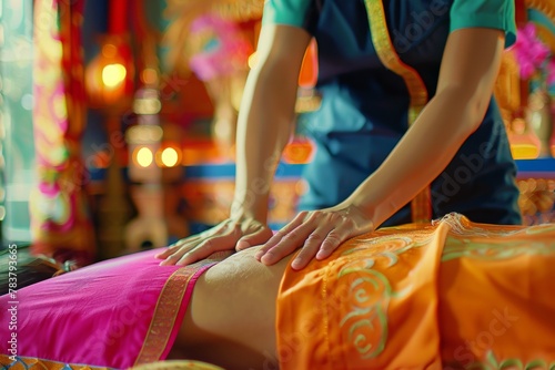 A vibrant image of a Thai massage, the masseuse using stretching and pressure points to revitalize the client photo