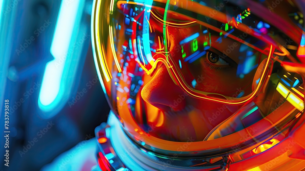 Fototapeta premium Close up, realistic, portrait of thrill seekers preparing for Space Tourism, their excitement captured in the neon reflections of the spaceships interior