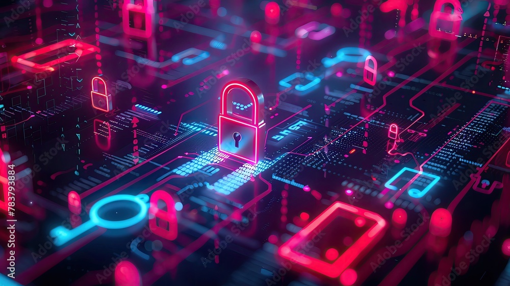 Close up, realistic, portrait of a security analyst working on Blockchain Security, with neon digital locks and keys floating around the digital workspace Close up, realistic, portrait of a security analyst working on Blockchain Security, with neon digital locks and keys floating around the digital workspace