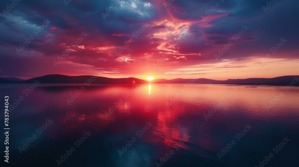 Aerial shot of a fiery sunset painting the sky with vibrant colors, reflected in the calm surface of a vast lake