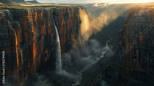 Aerial perspective of a waterfall plunging into a deep canyon, sunlight illuminating the mist and rock formations