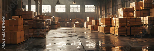 An industrial warehouse stores and ships materials, with stacks of wooden boxes.