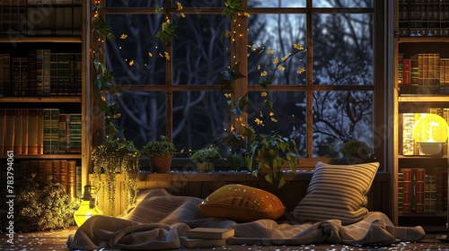 Online learning, windows to global knowledge, cozy nook, lamplit night of growth photo