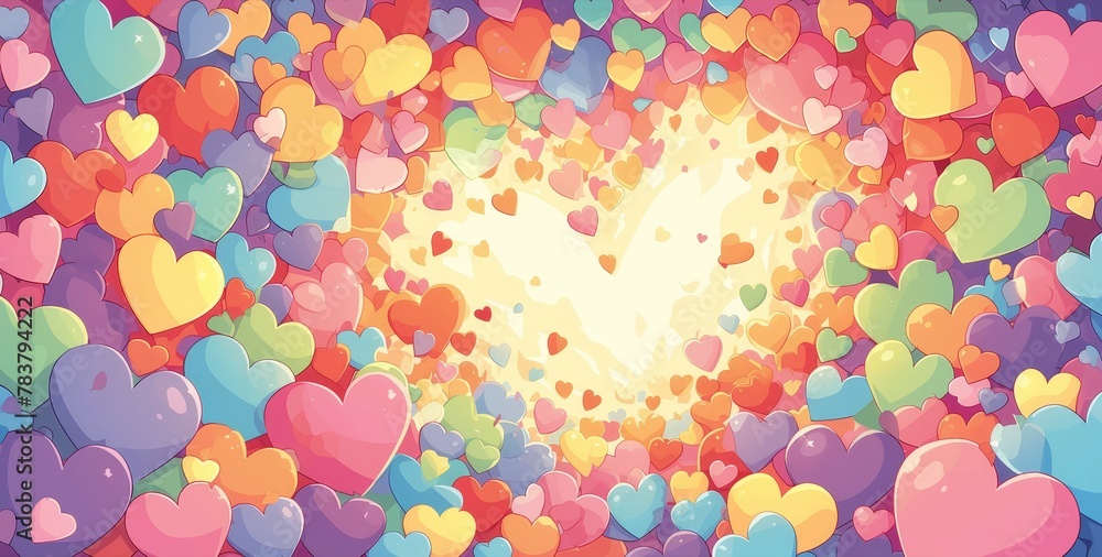 Colorful background with lots of colorful hearts, heart-shaped paper cutouts