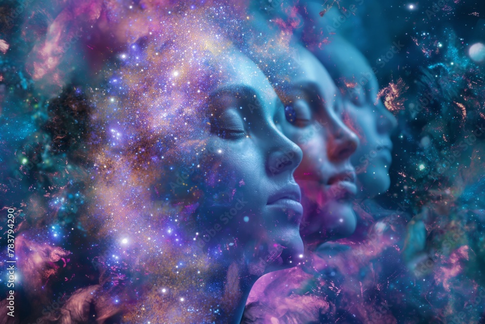 Surreal digital art depicting three faces in profile, against the background of cosmic galaxies and nebulae, stratification and dissolution in the infinite Surreal digital art depicting three faces in profile, against the background of cosmic galaxies and nebulae, stratification and dissolution in the infinite