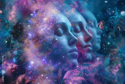 Surreal digital art depicting three faces in profile, against the background of cosmic galaxies and nebulae, stratification and dissolution in the infinite