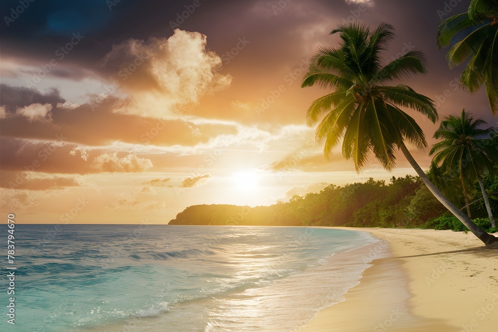 Beautiful sunset on ocean beach, tropical island panoramic background