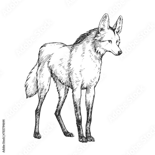 Vector hand-drawn illustration of Maned Wolf Guara in engraving style. Sketch of wild American animal isolated on white.