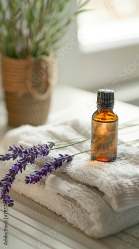 Close-up on a massage table, a folded towel, a bottle of essential oil, and a single sprig of lavender create a welcoming atmosphere