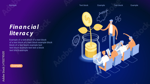 Financial education illustration. Financial literacy lessons online. Personal expenses, business payments, insurance, retirement savings. Investing money in education.