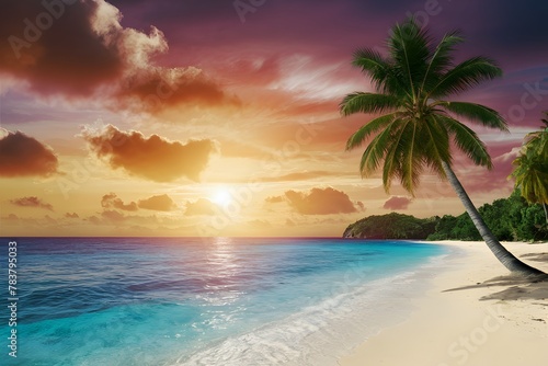 Beautiful sunset on ocean beach, tropical island panoramic background