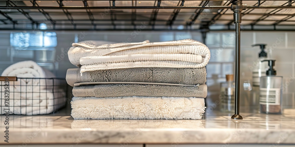 Wire rack with neatly folded linens, bathroom storage solution, close-up Wire rack with neatly folded linens, bathroom storage solution, close-up
