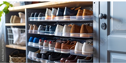 Shoe organizer hanging over a door, pairs in order, close-up, clear visibility