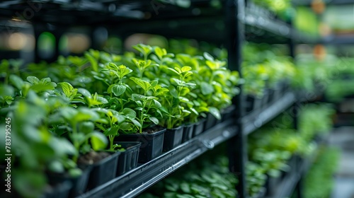 Fresh Basil Seedlings in Greenhouse Shelves photo