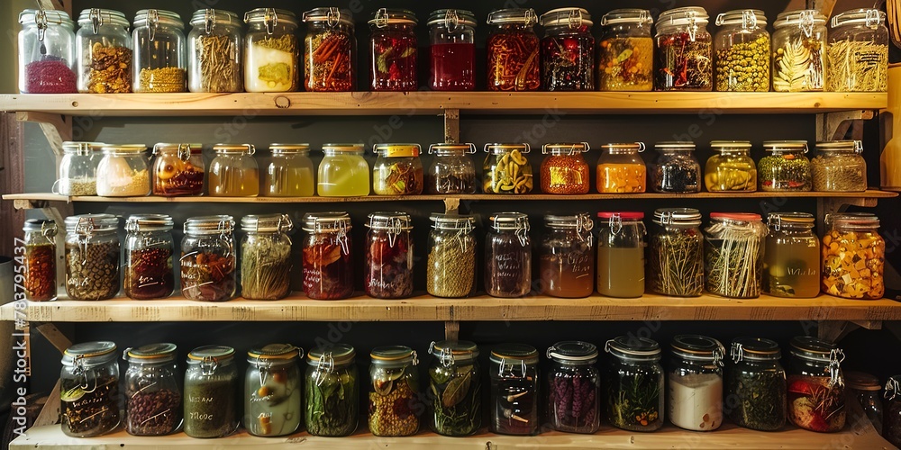 Wall-mounted shelves filled with labeled jars, neat arrangement, bright light 