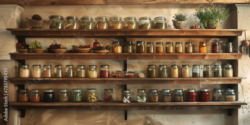 Wall-mounted shelves filled with labeled jars, neat arrangement, bright light 