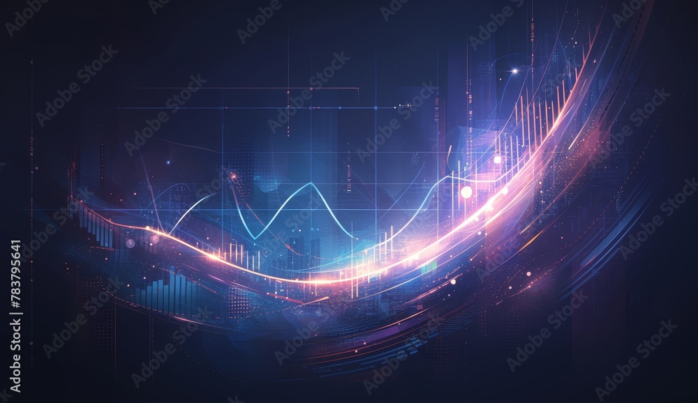 Digital illustration of financial graphs and charts with glowing data ...