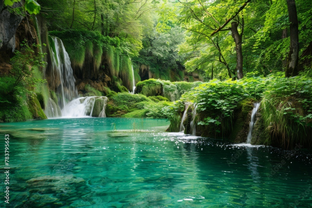 Naklejka premium Meditative scene with turquoise water, lush greenery, conveying tranquility