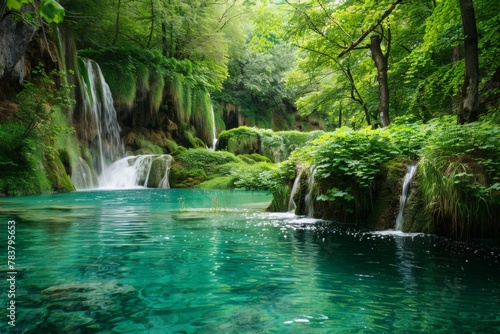 Meditative scene with turquoise water  lush greenery  conveying tranquility
