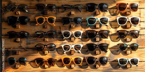 Sunglasses neatly displayed on a wall organizer, stylish array, bright light 