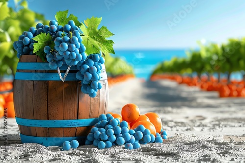 A wooden barrel filled with blue grapes, set against a backdrop of orange trees and a serene ocean