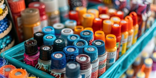Glue types in a craft caddy, neatly labeled, close-up, organized for easy access 