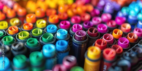 Markers in a desk organizer, tips up, close-up, color-coded arrangement