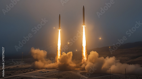 Missile launch site in a desert landscape. Two missiles are ascending into the sky, surrounded by smoke and fire. The launch pad is illuminated by floodlights, and the sky has a dusk hue.