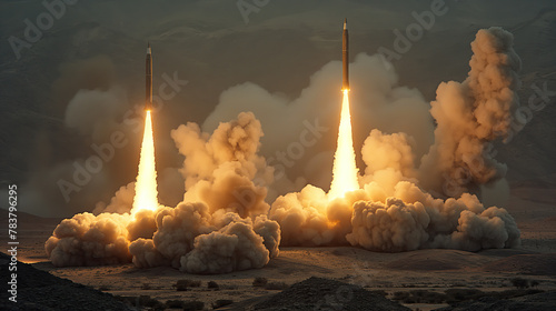 Multiple missiles launching from a desert terrain, accompanied by fiery exhaust and billowing smoke.