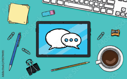 A vector graphic showing a tablet lying on a desk with a chat app displayed on the screen. Lying around the tablet are a paperclip, an eraser, a pen, a keyboard and a cup of coffee. Hand drawn.