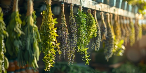 Herbs hanging to dry  rustic kitchen backdrop  close view  natural lighting 