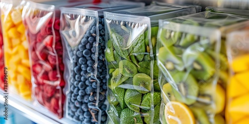 Smoothie ingredients in individual bags, freezer organized, close-up, bright photo