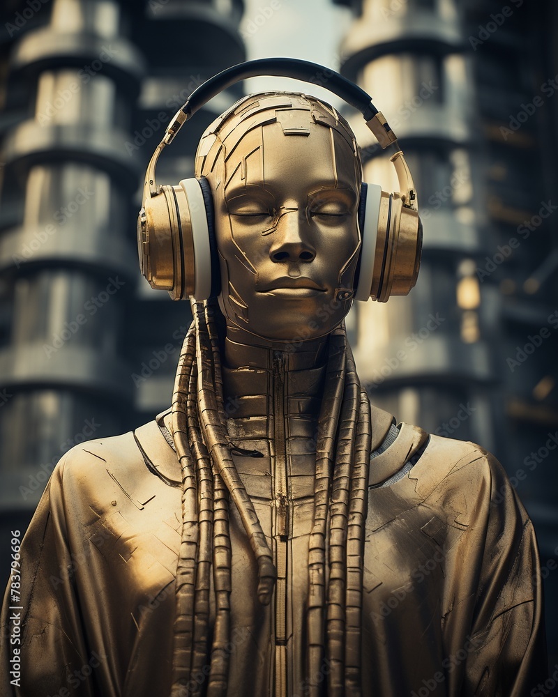 Golden statue of a person, headphones set, against an urban backdrop ,super realistic,soft shadown