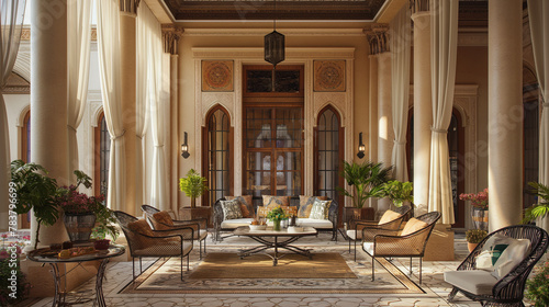 Luxurious Moroccan Style Courtyard with Arched Architecture photo