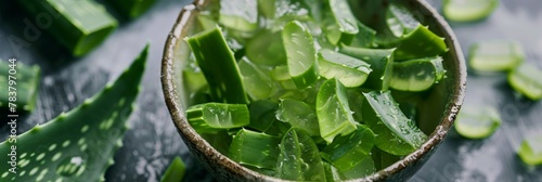 Chopped aloe vera leaves surrounded by their extracted gel