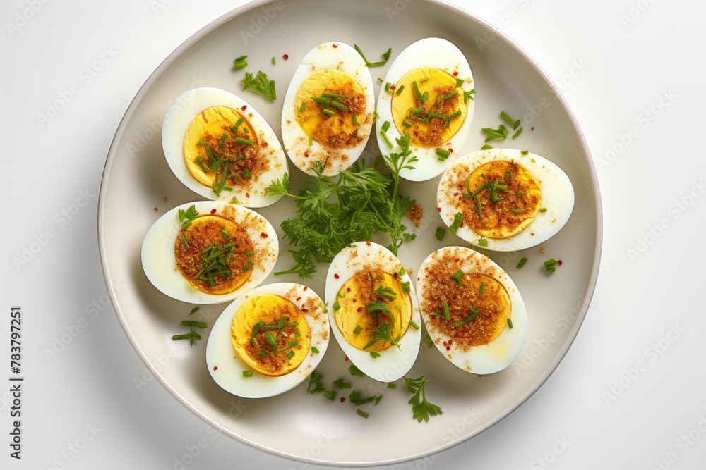 Deviled eggs on a plate garnished with paprika and herbs
