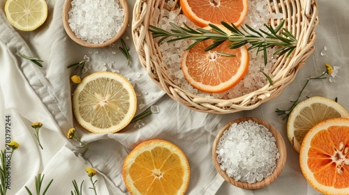 Top-view shot of a wicker basket filled with bath salts, citrus slices, and sprigs of rosemary, all on a linen tablecloth