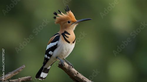 Eloquent eurasian hoopoe, upupa epops, sitting on a branch with white larva in beak on green background. Wild bird with open crest from feathers perched from side view in summer nature.generative.ai © Zartasha