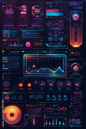 UI design elements in bold colors  buttons  icons  futuristic interface