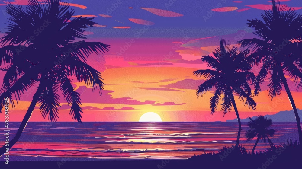 Vibrant illustration of a sunset over a calm ocean with palm tree silhouettes