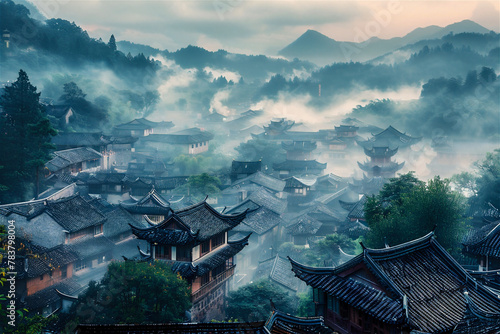 Misty Chinese City.  Generated Image.  A digital rendering of a early morning Chinese traditional city in the mist. photo